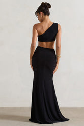 Black Asymmetric Twisted Cut-Out Fishtail Maxi Dress